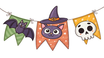 Cute Halloween Bunting with Bats, Cats, and Skulls
