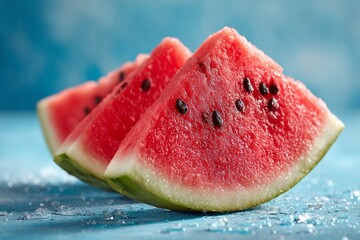 Juicy watermelon slices on blue background with ice