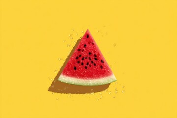 Watermelon triangle with water drops on yellow background