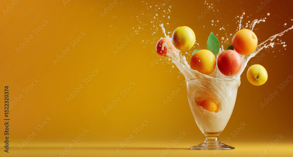 Poster fresh fruits like peaches and apricots create a dynamic splash as they drop into a dessert glass fil