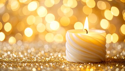 A Lit Candle on Golden Glitter