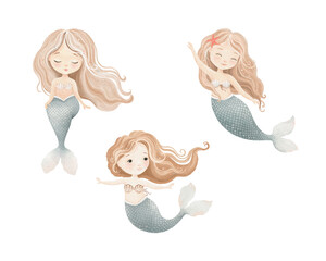 Set with cute mermaids, watercolor isolated characters with beautiful long hair in different poses swimp. Hand-drawn illustration for your design childish wallpapers, textile or mural for kid room.