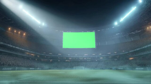 A large green screen scoreboard LED in stands of a crowded soccer arena stadium with light flashes for advertisement seamless looping animation background