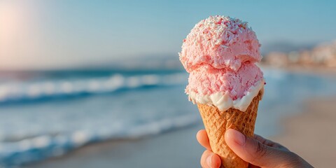 Hand holding pink ice cream cone with sprinkles by the beach
