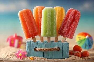 Colorful popsicles in a wooden box on a tropical beach