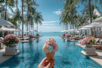 Colorful ice cream cone held by hand at tropical luxury resort pool