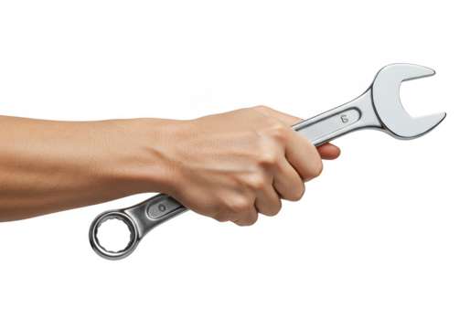 Isolated Image Of Silver Metal Wrench Tool In Hand Transparent