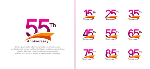 set of anniversary logo style orange ribbon. vector design purple color for celebration