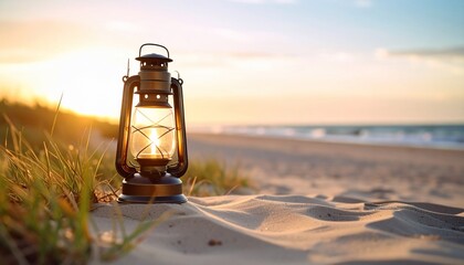 Sunset Serenity: A Lighted Lantern on a Sandy Beach