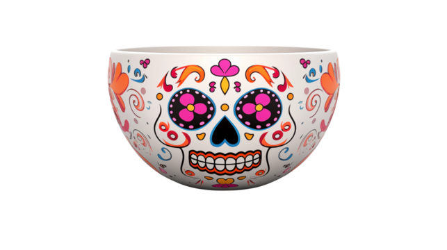 Close up of a white bowl with a colorful sugar skull design, day of the dead theme art isolated on transparent background - Powered by Adobe