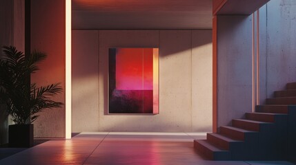 Art enthusiast poses confidently in a modern gallery filled with vibrant artwork during an exhibit opening in a stylish environment