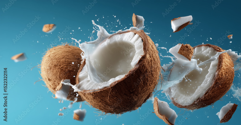 Poster coconuts burst open to reveal their white flesh and water, creating a dramatic effect. the setting h