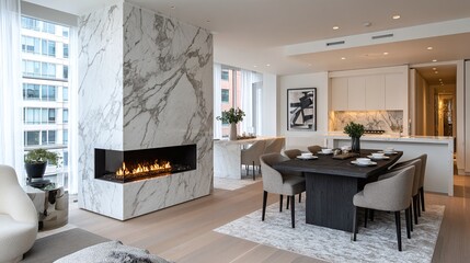 Contemporary apartment with marble fireplace, dining area, and modern kitchen showcasing luxury living in a minimalist design with natural light and upscale decor.
