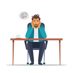 Confused man pondering a problem solution Vector flat illustration