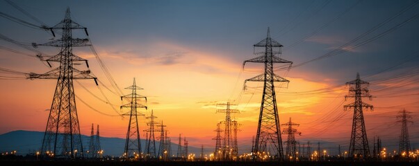 Fototapeta premium Multiple electrical transmission towers stand against a colorful sunset sky, with power lines stretching across the landscape.