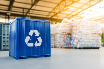 Blue recycling container with recycling symbol standing in a waste sorting plant with large amount of plastic garbage in the background