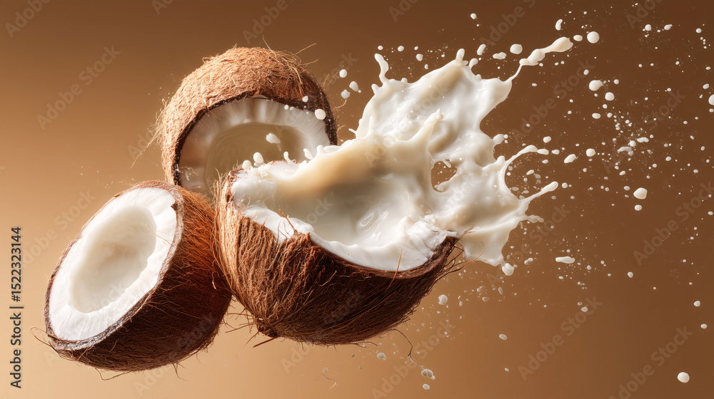 Poster fresh coconut halves explode with creamy milk, creating a splash against a warm brown background. th
