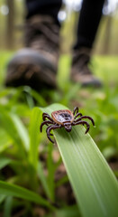 Close-up macro shot of a tick crawling on a green blade of grass, danger of tick bites during hiking