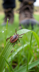 Macro image of a tick on dew-covered grass blade with blurred hiking boots in background, symbolizing nature danger