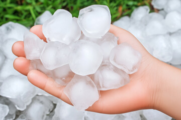 Large hailstones in a hand after storm, scattered on green grass background, concept of extreme weather