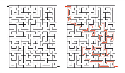 Medium Rectangle Maze Puzzle with Solution – 20x26 Grid Vector Template. Medium difficulty rectangular maze puzzle  Ideal for educational worksheets, printable brain games, and activity books.