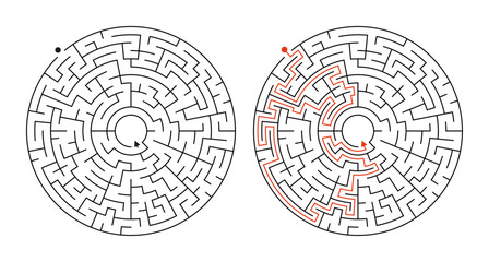 Black and White Circular Maze with Solution – Medium Difficulty Vector Template. Black and white circular maze puzzle with a clear solution path. Medium difficulty labyrinth template. Perfect for educ