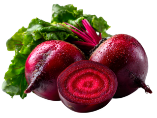 Fresh beetroot with leaves attached and a half-cut showing red rings, isolated on transparent background --ar 4:3 --v 7.0 --p 537mr6h --s 250