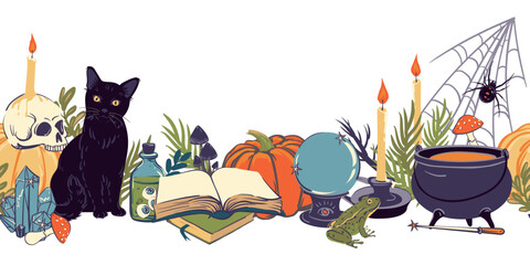 Seamless pattern with magic items, witchcraft goods, grimoire, potion, skull, magic ball and candlestick, pumpkin. Familiars for the sorcerer cat, frog, spider. Vector illustration for Halloween.