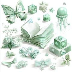 
A collage of green themed objects