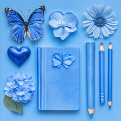 
Collage of blue-themed objects, including a book, a crayon, a butterfly, a flower, a pencil, another flower, a heart
