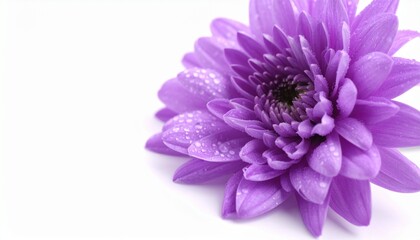 beautiful purple chrysanthemum with dewdrops sticking to the flower on a white background. natural texture with sharp and rough edges in a minimalist layout, minimal background.