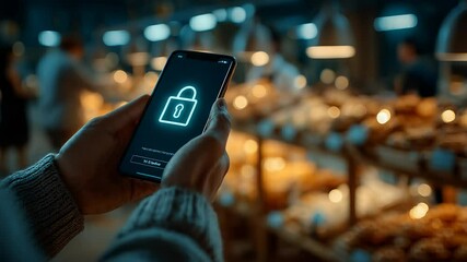 Secure Mobile Payment in Bakery: Close-up of Hands Holding Smartphone with Lock Icon for Contactless Transaction, Blurred Background - Powered by Adobe