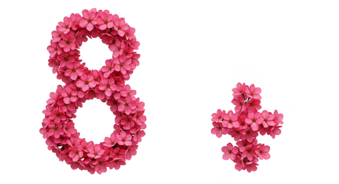 Isolated Number Eight and Plus Symbol Created with Pink Flowers on Transparent