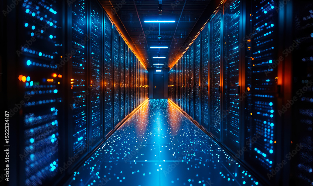 Poster data center server room with illuminated racks and glowing digital data streams futuristic technolog