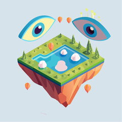 Vector illustration of a surreal dreamscape with floating islands and giant eyes, artistic style, vivid colors, imaginative shapes-generative AI
