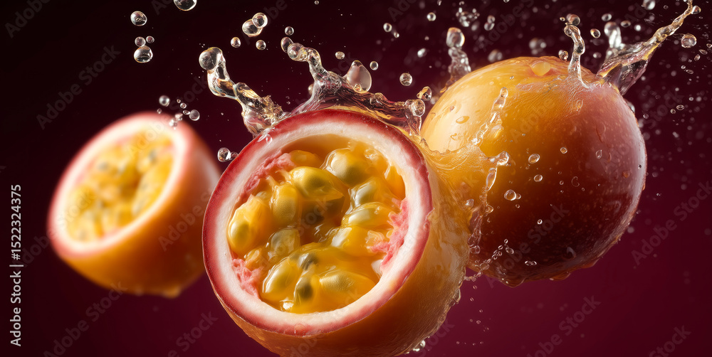 Poster freshly cut passion fruits are bursting with juice, creating splashes of water around them. the vibr
