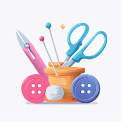 Flat vector icons of sewing essentials including a needle, thread, scissors, and buttons, using a soft pastel color scheme-generative AI