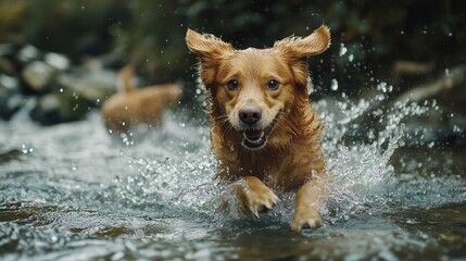 A joyful golden retriever splashes through a sparkling stream. Its energy and enthusiasm are contagious. Nature offers great joy for our furry friends. Generative AI