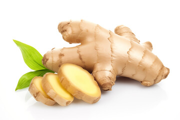 Close up of fresh ginger root and slices, showcasing the spice's rich color and texture against a clean white backdrop