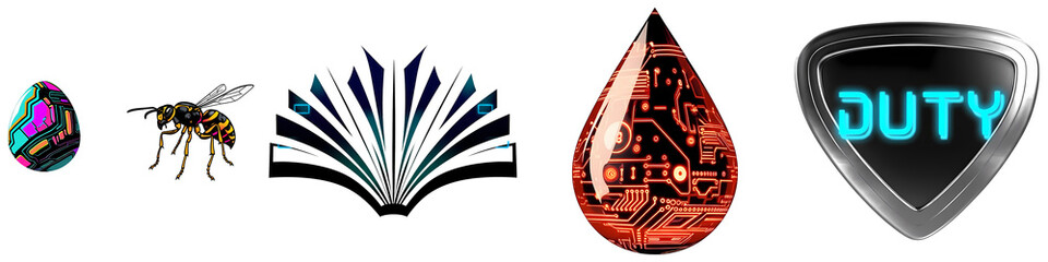 Obraz premium PNG collage presents diverse stylized elements arranged on a transparent background.