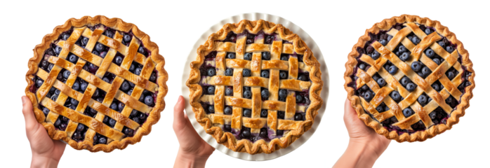 Hand holding baked blueberry pie with a stunning lattice crust isolated on white transparent background