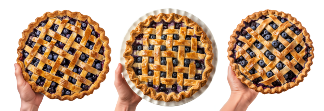 Hand holding baked blueberry pie with a stunning lattice crust isolated on white transparent background