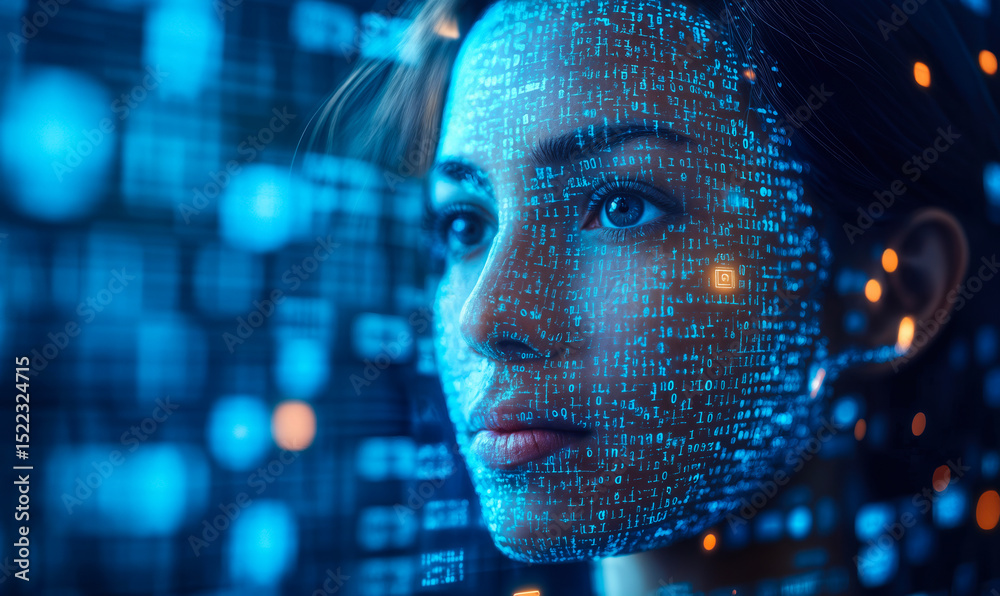 Poster artificial intelligence digital face recognition with binary code data overlay on woman profile in f