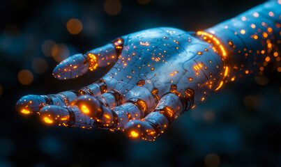 Futuristic robotic hand illuminated with glowing orange circuitry, advanced technology concept for artificial intelligence and cybernetic innovation in digital space