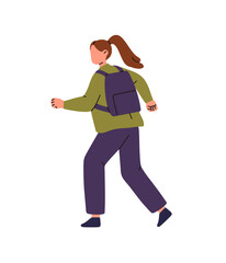 Student runs, hurries up to the school. Girl is late to the lesson, carries backpack. Kid with schoolbag is rushing to get in time to the class. Flat isolated vector illustration on white background