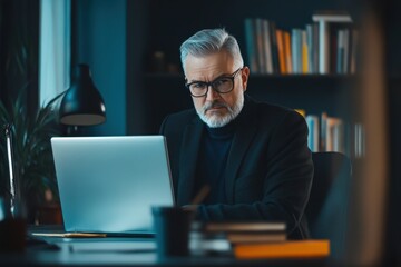 Senior Caucasian Businessman Engaged in Video Call from Office Desk during Online Meeting