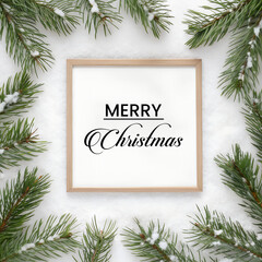 Merry Christmas Greeting in Wooden Frame Surrounded by Pine Branches on Snow Background
