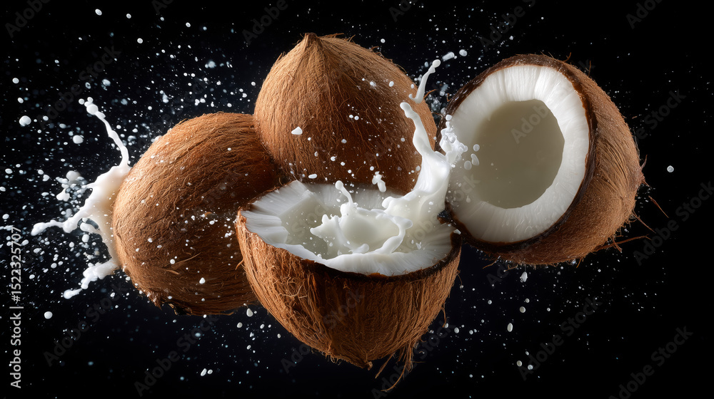 Aufkleber Coconuts are exploding, sending milk flying in an energetic cooking moment. The background is dark, emphasizing the rich textures and colors of the coconuts and the milk splashing outward.