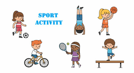 Diverse Children Engaging in Sports Activities Cartoon Vector Illustration
