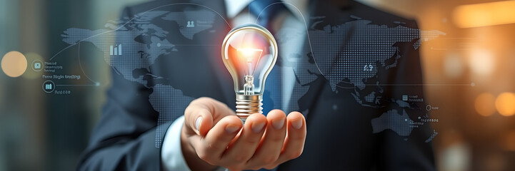 Businessman holds glowing light bulb illustrating innovation and global business opportunities